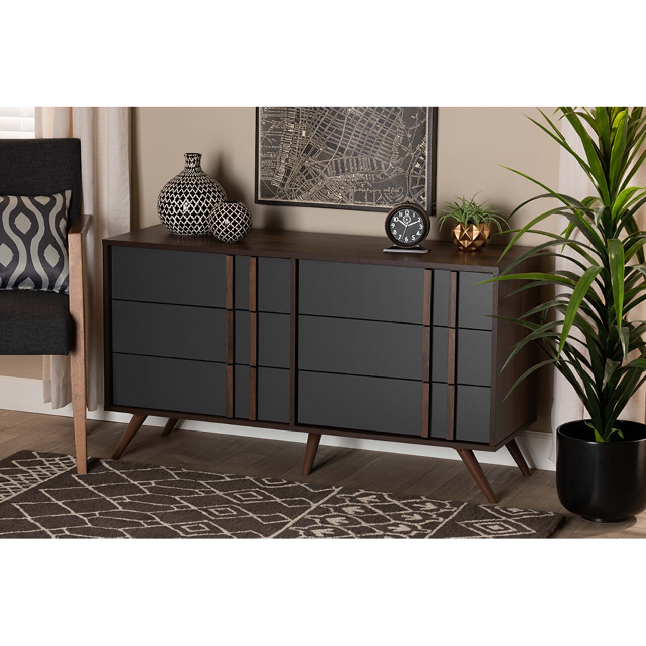 Wholesale Interiors Baxton Studio Naoki Modern and Contemporary Two-Tone Grey and Walnut Finished Wood 6-Drawer Bedroom Dresser